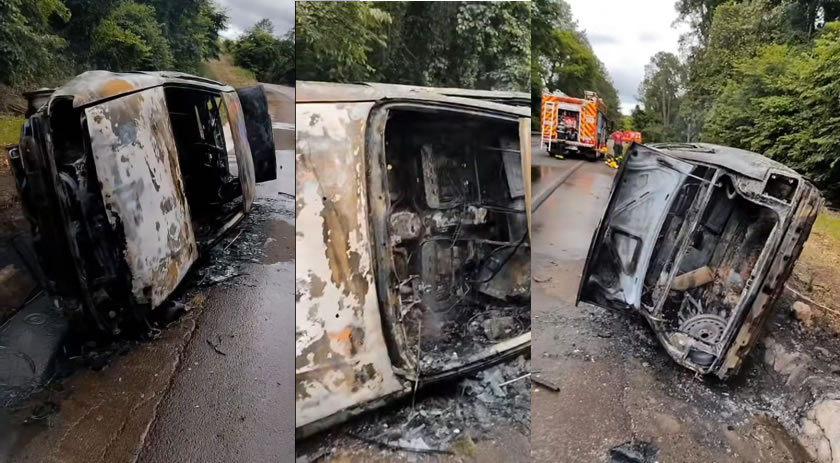 Incêndio deixa veículo destruído na BR-282