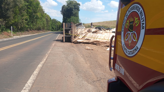 Carreta carregada com laminado de madeira tomba na BR-282, no final da manhã desta terça-feira (8)