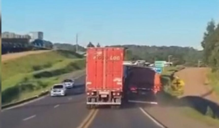 Caminhoneiros colocam motoristas em risco ao disputar pista na BR-282