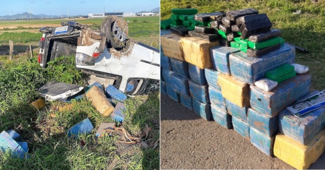 Motorista foge em alta velocidade, capota carro em SC e perde carga milionária de maconha
