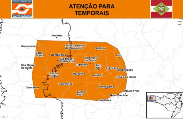 Defesa Civil alerta Oeste de SC para risco alto de temporais nesta terça-feira (13)