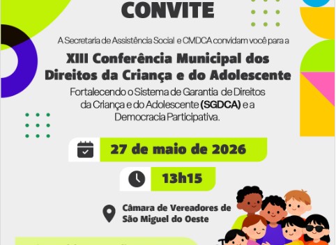 Conferência municipal dos direitos da criança e do adolescente será realizada no dia 27 de maio