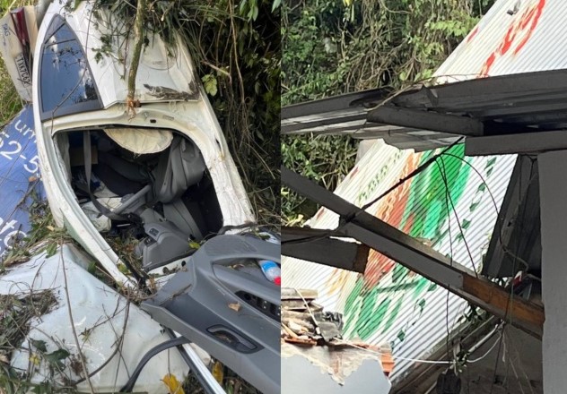 Caminhão e carro caem em ribanceira e atingem residência em Seara; vítima fica presa às ferragens