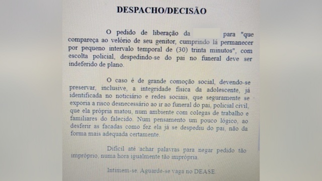 Filha que assassinou o pai pediu para ir ao velório