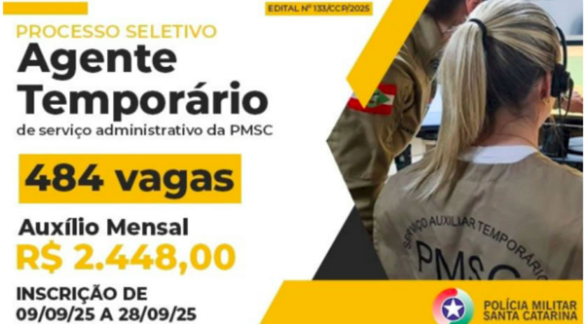 Polícia Militar abre mais de 480 vagas para agentes temporários em SC