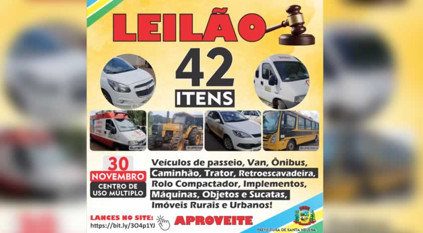 Município de Santa Helena marca leilão de 42 itens