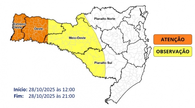 Temporais e chuva intensa devem atingir o Oeste nesta terça-feira, alerta Defesa Civil