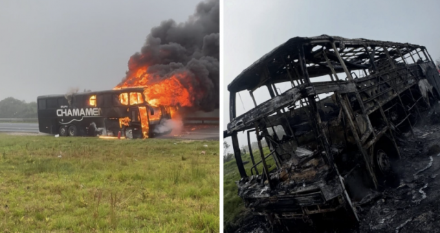 Ônibus de banda gaúcha pega fogo no PR; integrantes dormiam quando incêndio começou