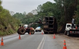 PRF realiza remoção de caminhão incendiado na BR-282, em Maravilha