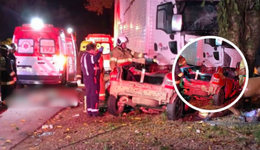 Grave acidente deixa três mortos após colisão entre carro e caminhão na BR-470